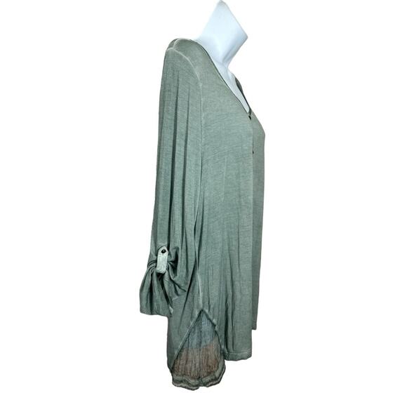 Soft Surroundings Sage Green Blouse Sz Large Silk Trim Roll Tab Sleeves Top - Picture 4 of 10